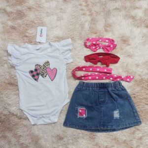 Baby Girl Outfit Set - Heart Onesie & Denim Skirt with Headbands