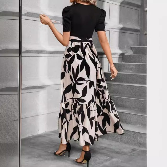Elegant floral print round neck vacation dress for women with exotic style