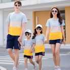 Family wearing striped matching t-shirt and shorts summer outfits