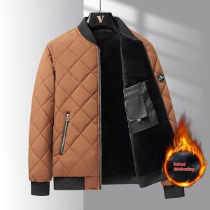 Men wearing a thick winter cotton baseball jacket with rhombic stitching design in solid color casual style