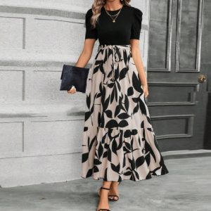 Elegant floral print round neck vacation dress for women with exotic style