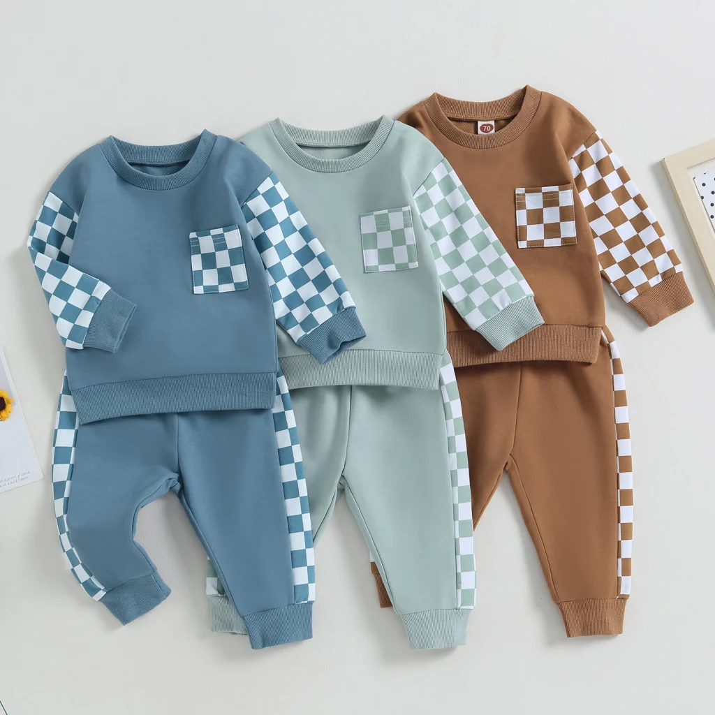Stylish toddler boy wearing a cool boys checkered sweater terno set from K&K Trend Wear.