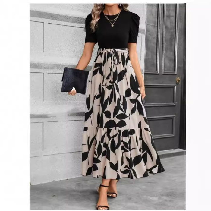 Elegant floral print round neck vacation dress for women with exotic style