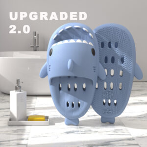 Unisex quick drying shark slippers with drain holes made of comfortable EVA foam.