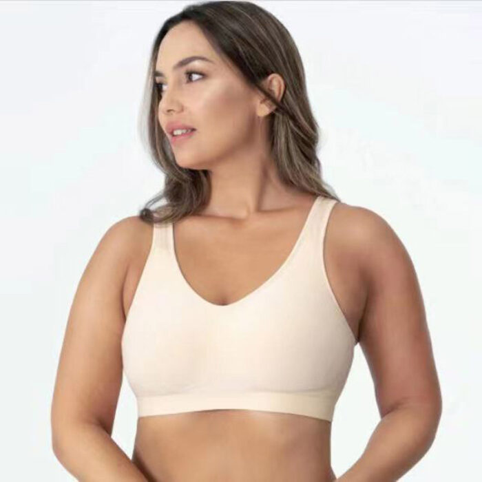 Woman wearing a premium plus size comfortable lifting bra, providing seamless wire-free support for large busts.