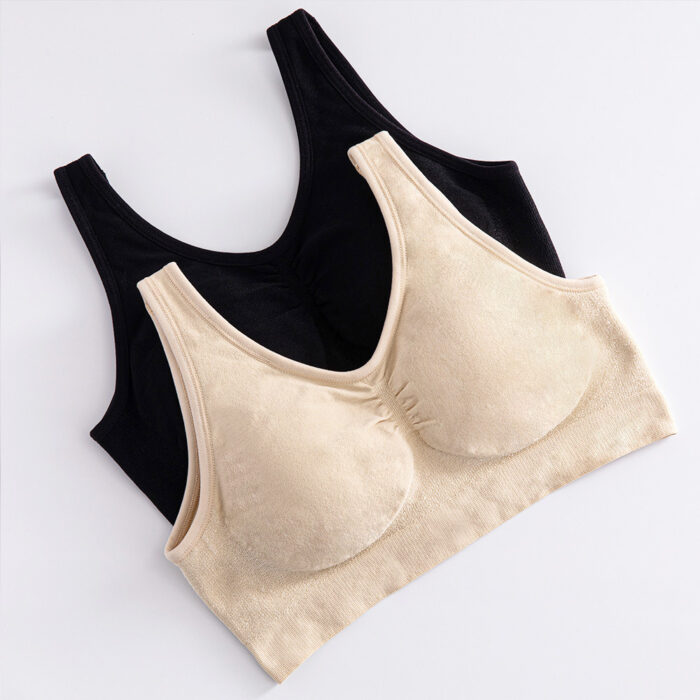 Woman wearing a premium plus size comfortable lifting bra, providing seamless wire-free support for large busts.