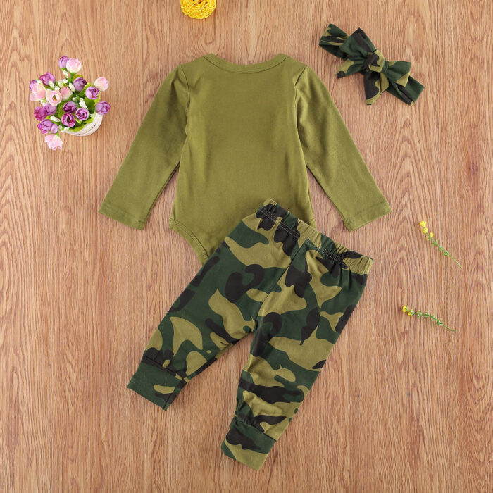 Happy toddler wearing a stylish and comfortable toddler 3 piece camo outfit.