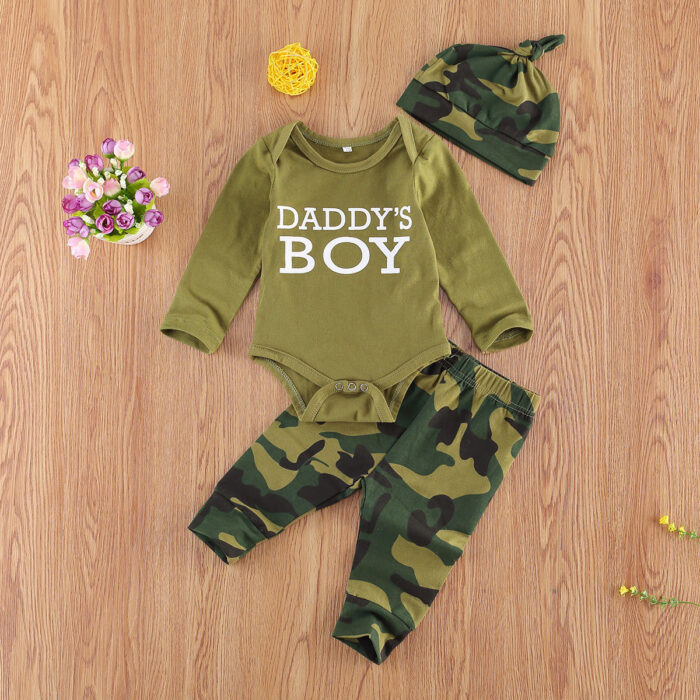 Happy toddler wearing a stylish and comfortable toddler 3 piece camo outfit.