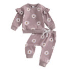Cute toddler wearing a cozy baby girl floral outfit with a daisy print long-sleeve top and matching pants.