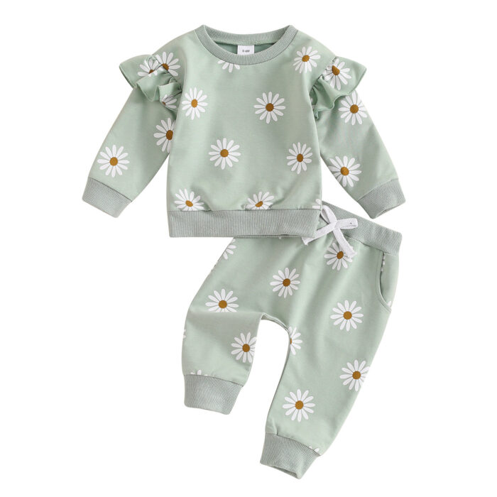 Cute toddler wearing a cozy baby girl floral outfit with a daisy print long-sleeve top and matching pants.