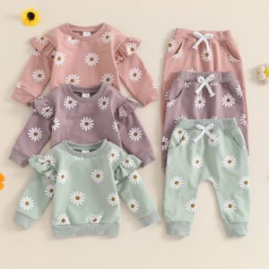 Cute toddler wearing a cozy baby girl floral outfit with a daisy print long-sleeve top and matching pants.
