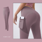Woman wearing high-waisted black workout leggings with deep side pockets.