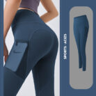 Woman wearing high-waisted black workout leggings with deep side pockets.