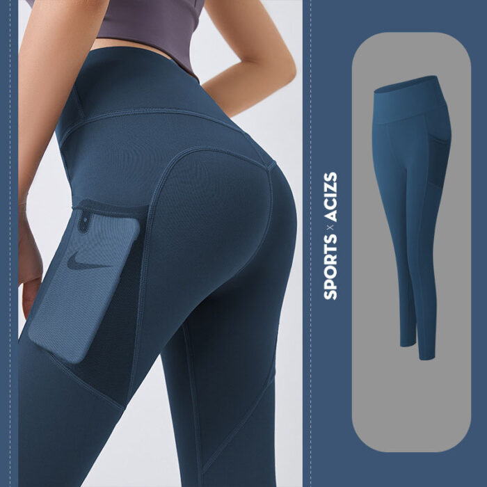 Woman wearing high-waisted black workout leggings with deep side pockets.