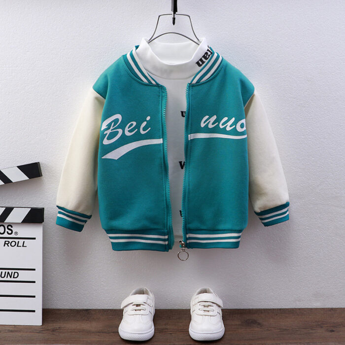 Happy child wearing a stylish kids casual cotton jacket with a fun print.