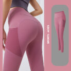 Woman wearing high-waisted black workout leggings with deep side pockets.