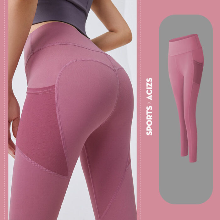 Woman wearing high-waisted black workout leggings with deep side pockets.