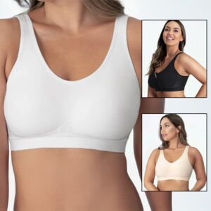 Woman wearing a premium plus size comfortable lifting bra, providing seamless wire-free support for large busts.