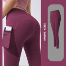 Woman wearing high-waisted black workout leggings with deep side pockets.
