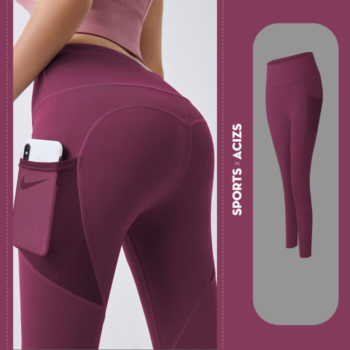 Woman wearing high-waisted black workout leggings with deep side pockets.