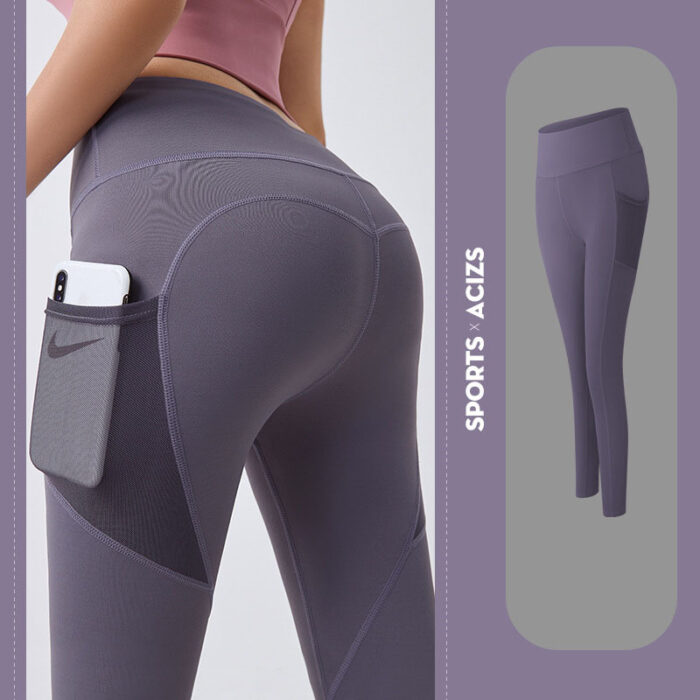 Woman wearing high-waisted black workout leggings with deep side pockets.