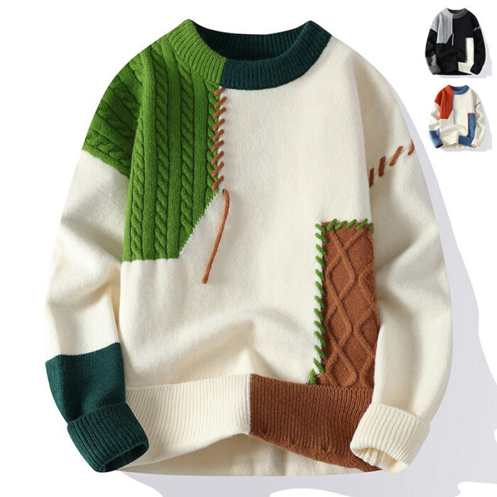Handsome young man wearing a stylish mens colorblock pullover sweater.