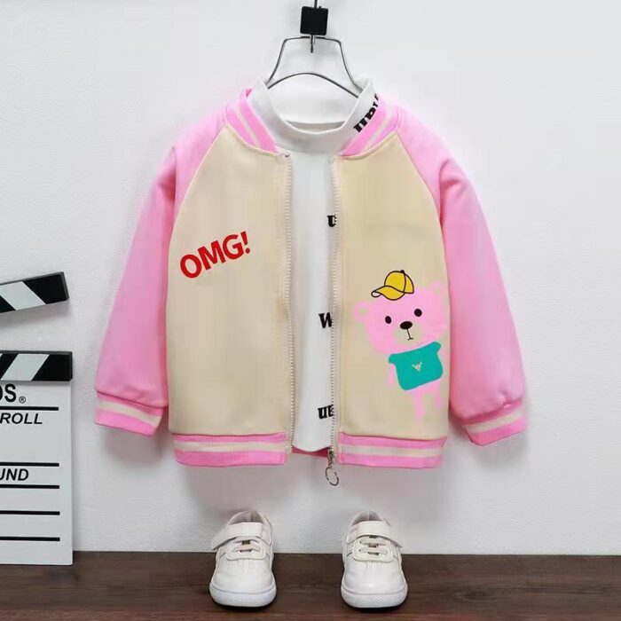 Happy child wearing a stylish kids casual cotton jacket with a fun print.