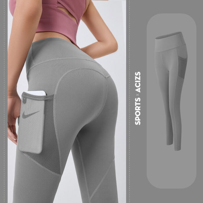 Woman wearing high-waisted black workout leggings with deep side pockets.