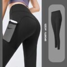 Woman wearing high-waisted black workout leggings with deep side pockets.