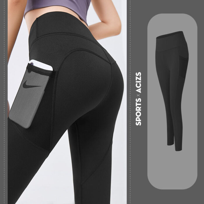 Woman wearing high-waisted black workout leggings with deep side pockets.