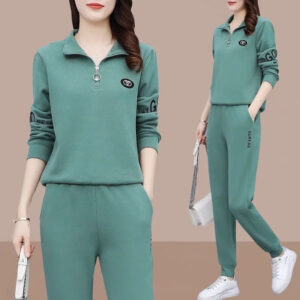 Woman wearing a comfortable 2-piece casual loungewear set for women and lightweight womens tracksuit.