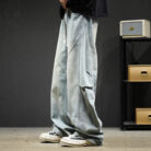 Stylish young man wearing trendy mens wide leg denim cargo pants.
