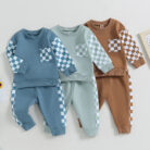 Stylish toddler boy wearing a cool boys checkered sweater terno set.