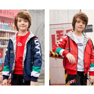 A young boy staying active outdoors wearing a vibrant boys hooded sports jacket.