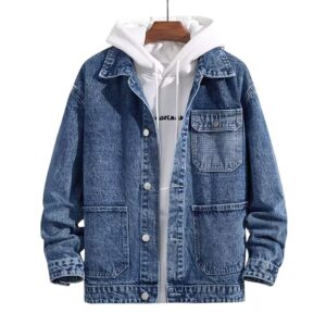 11020c15-4fc9-40ab-afae-74c3776207d1.jpg A stylish man wearing a versatile mens hooded denim jacket for a casual layered streetwear look.