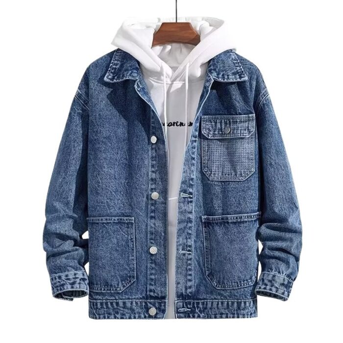 A stylish man wearing a versatile mens hooded denim jacket for a casual layered streetwear look.