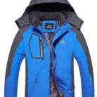 Close-up of the thick faux fur collar and weather-resistant shell on a mens fleece lined winter jacket.