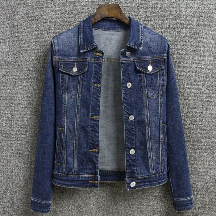 A stylish woman wearing a versatile womens slim fit denim jacket for a casual everyday look.