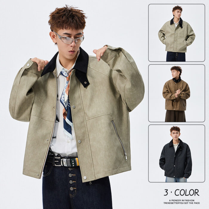 A stylish man wearing a classic mens plus size faux leather jacket for a smart-casual everyday look.