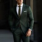 Handsome young man wearing a stylish mens slim fit two piece suit.