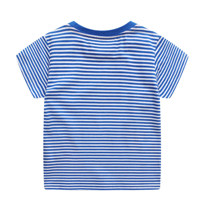 A happy little boy wearing a comfortable boys cotton dinosaur t shirt for everyday summer play.