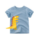 A happy little boy wearing a cute kids dinosaur shirt for summer play.