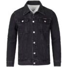 A stylish man wearing a trendy mens slim fit denim jacket for a sleek Korean streetwear look.