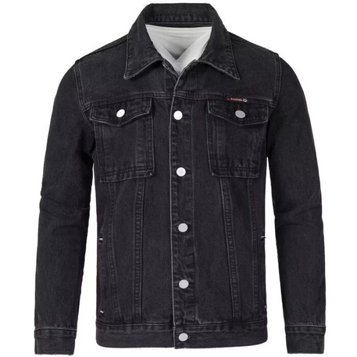 19f19750-48d8-49b5-adbb-d37700a24337.jpg A stylish man wearing a trendy mens slim fit denim jacket for a sleek Korean streetwear look.