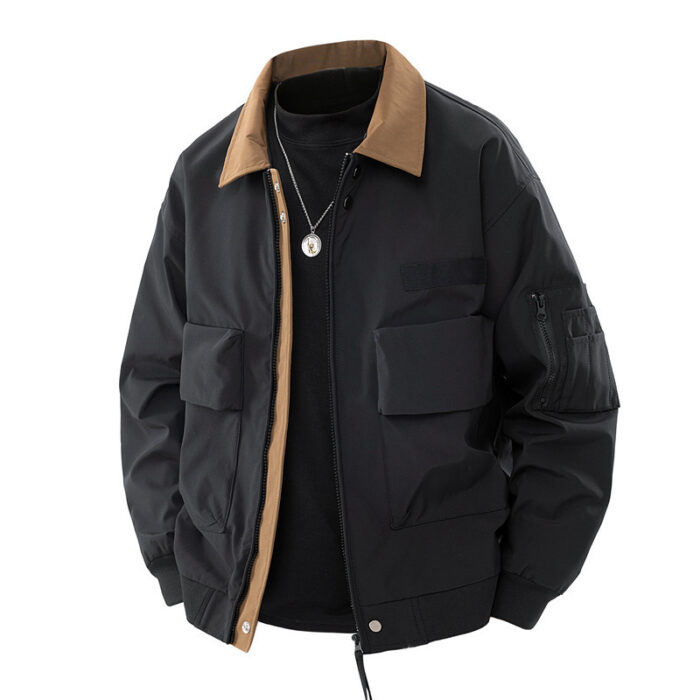 A stylish man wearing a loose fit mens retro pilot jacket for a casual streetwear look.