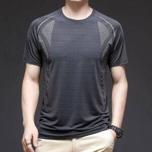 A man staying cool in the summer heat wearing a breathable mens ice silk t shirt.