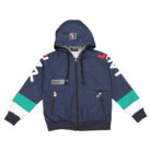 Close-up of the weather-resistant coating and attached hood on a kids athletic windbreaker.