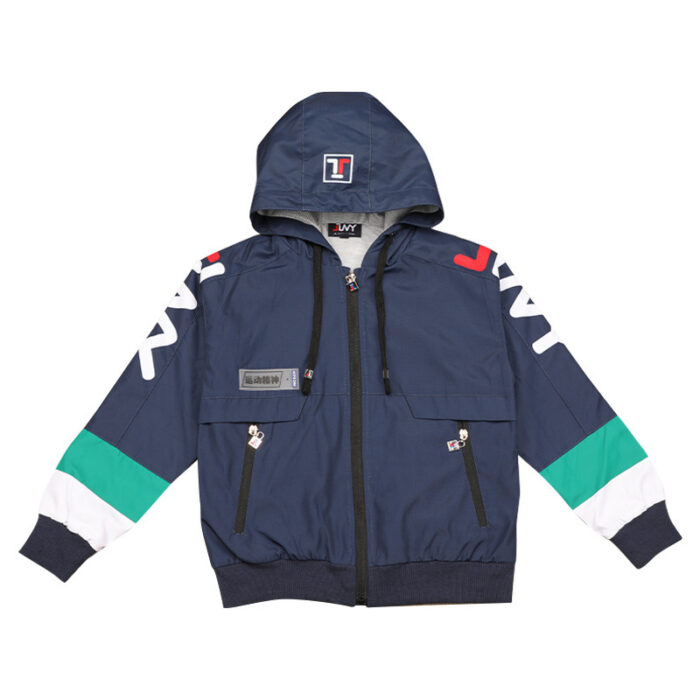 Close-up of the weather-resistant coating and attached hood on a kids athletic windbreaker.