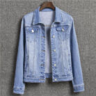 A stylish woman wearing a versatile womens slim fit denim jacket for a casual everyday look.