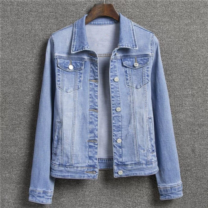 A stylish woman wearing a versatile womens slim fit denim jacket for a casual everyday look.